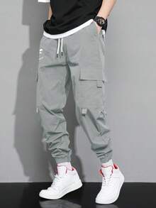 Claim Dot Pantalones cargo con estampado de expresión, bolsillo con solapa y cordón en la cintura, para otoño - Gris Claro - Ver 5