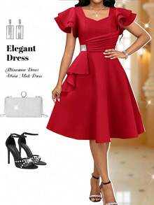 SHEIN Lady Vestido de verano elegante de mujer con volantes y adornos de strass en la cintura - Rojo - Ver 4