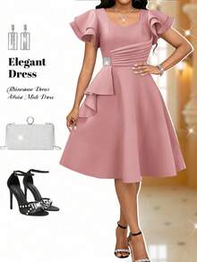 SHEIN Lady Women's Solid Color Sweetheart Neck Ruffle Sleeve Elegant Rhinestone Waist Dress - Pink - View 4