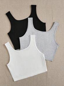 SHEIN EZwear 3pcs/Set Casual Minimalist Black & White Solid Color Versatile Fit Camisole And Tank Top, Suitable For Summer & Autumn, Plus Size