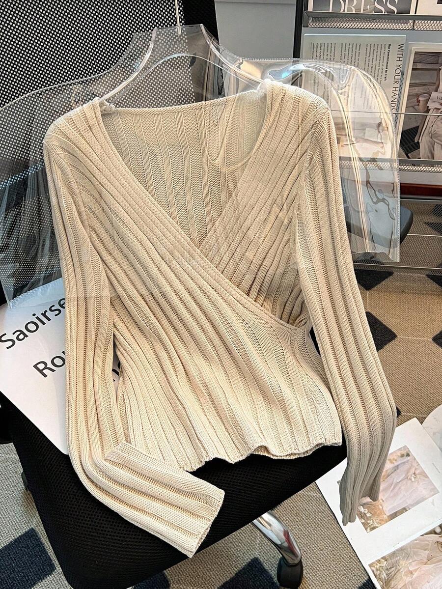 Franclia Suéter Casual de Manga Longa com Decote V Transposto de Cor Sólida, Outono