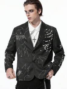 ROMWE MEN Goth 男士秋季斑驳花纹翻领长袖休闲西装外套 - 黑色 - 查看 4