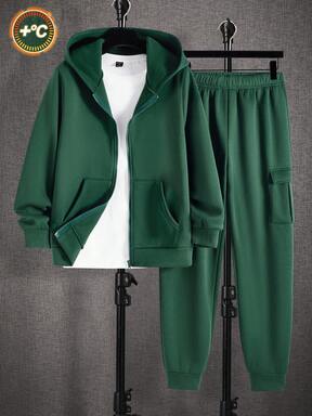 SHEIN Tonårspojkar grön minimalistisk boxig huvtröja med jacka och fickor för byxor, julstämning, avslappnad skoluniform, bekväm och mångsidig mjuk tyg lämplig för vardag, skola, utomhus, höst/vinter, julkläder, vinterkläder, pojkar, träningsoveraller, 2-delat träningsoverall, pojkar, Halloween-huvtröja och träningsbyxor, set med träningsoveraller