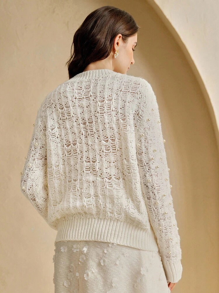 Women's Textured Pearl White Heavyweight Sweater, Fashionable Crew Neck Knit Top For Winter