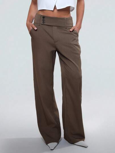 SHEIN PETITE Women's Solid Color Casual Straight Leg Wide Leg Pants Fall Cloth For Women