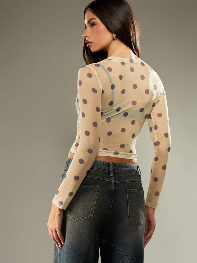 MISSGUIDED Polka Dot Mesh Long Sleeve Crop Top See Through Layering Tee Sheer Fitted Y2K Fashion Statement Fall Winter Mock Neck Double Layer Blouse