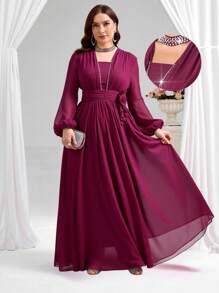 Coutiva Plus Size Women's Rhinestone Decor Long Sleeve High-End Evening Gown, Elegant Luxury Party Dress Sequin Dress  Lace Dress Red Dress Burgundy Dress Luxury Evening Dresses For Women - Burgundy - View 2