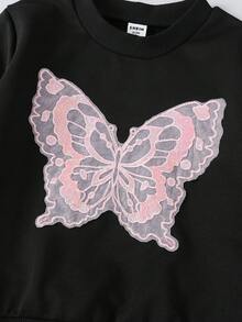 2 件套年轻女孩可爱圆领亮片蝴蝶结装饰长袖运动衫 + 迷你喇叭裤，适合街头、休闲、学校、通勤、户外聚会、春秋季 - 彩色 - 查看 4