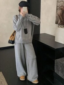 DAZY 女式纯色立领长袖侧开衩下摆毛衣和宽松针织裤两件套，秋季 - 灰色 - 查看 3