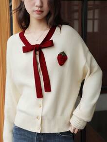 K-Vae 女士休闲蝴蝶结和草莓印花落肩长袖开衫女士蝴蝶结毛衣系带领毛衣纽扣毛衣针织开衫女士秋冬毛衣 - 彩色 - 查看 4