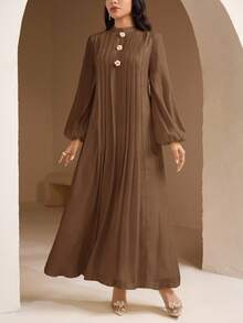 Veilorie Gaun Elegan Wanita Warna Polos dengan Dekorasi Bunga 3D, Lengan Lentera, dan Lipit - Coklat - View 5