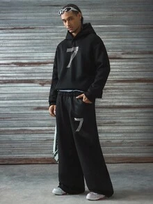 AXEPEAK 男士秋季水钻数字印花连帽衫和运动裤休闲宽松西装套装，适合秋冬 - 黑色 - 查看 3