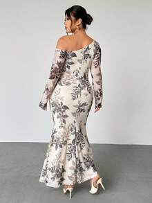 Firerie Plus Size Elegant Vacation/Party Ruched Open Shoulder Elastic Mesh Floral Print Fishtail Long Sleeve Dress For Women, Spring/Autumn - Multicolor - View 2