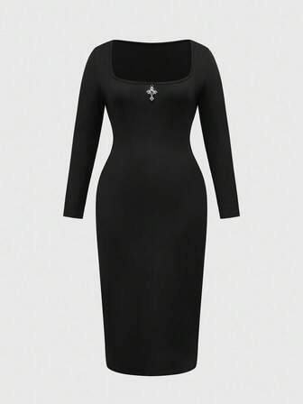 Goth Robe moulante à manches longues, décor croix punk, grande taille, tout-aller pour femmes