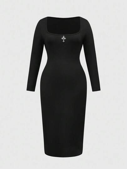Goth Plus Size Women Punk Cross Decor All-Match Long Sleeve Fitted Bodycon Dress