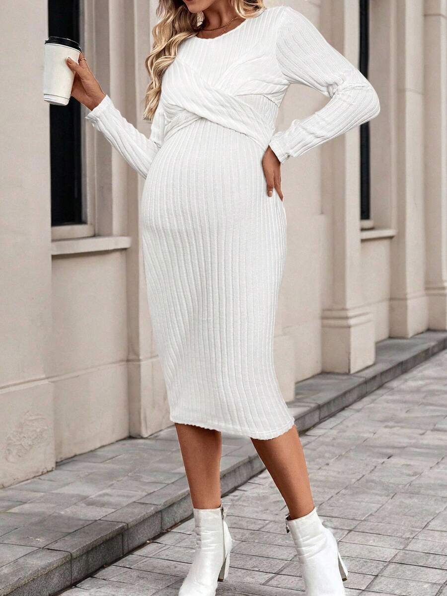 SHEIN 秋装、秋季服装、孕妇装 秋冬装 休闲纯色修身圆领长袖孕妇装 白色孕妇装 罗纹白色中长裙 白色长袖中长裙 白色罗纹孕妇装 白色中长紧身裙 白色罗纹中长裙 白色针织中长裙 罗纹白色连衣裙 白色长袖连衣裙 - 白色 - 查看 1