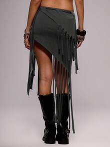 MUSERA Knot Detail Asymmetric Distressed Skirt , Summer, Holiday, Festival, Rave, Grunge, Cool Girl, Y2K Punk's Fall Autumn Winter - Dark Grey - View 4
