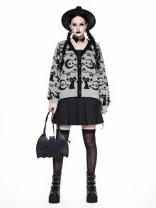 ROMWE Goth Áo len cardigan dáng rộng thường ngày dành cho nữ với họa tiết mèo và mặt trăng bí ẩn tối màu, Halloween - Xám - Xem 1