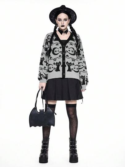 Goth Women's Loose Casual Knit Cardigan With Dark Mysterious Cat & Moon Pattern, Halloween