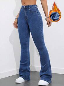 SHEIN ICON Women's Pocketed Flared Casual Jeans With Thermal Lining - Dark Wash - View 6