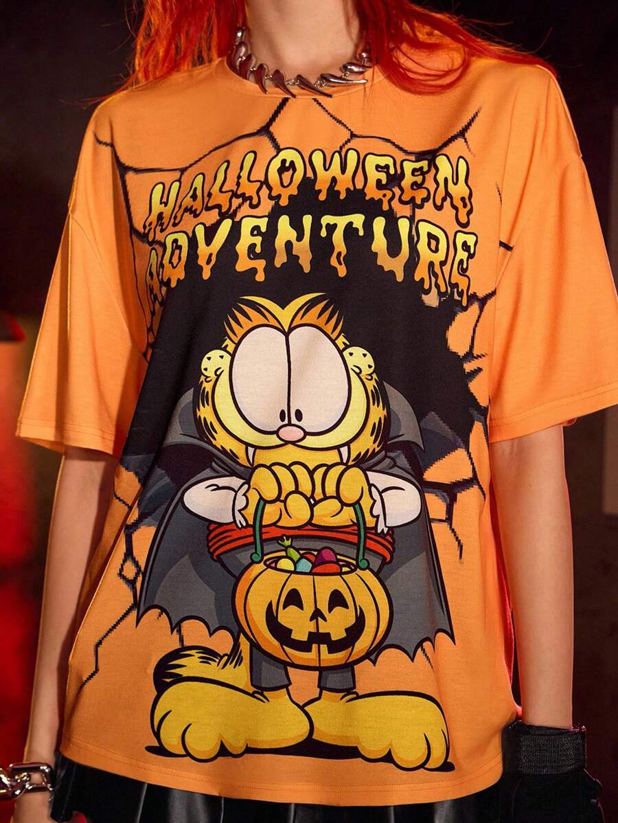 GARFIELD | SHEIN 女式夏季万圣节猫咪印花圆领短袖T恤 - 橘色 - 查看 1
