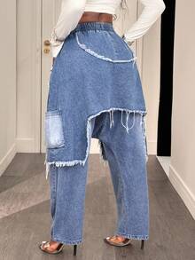 Slaydiva Women's Elastic Waist Frayed Hem Loose Harem Casual Jeans Baggy Jeans Y2k Oversized Jeans Frayed Jeans Patchwork Jeans Loose Jeans Distressed Jeans Ripped Jeans Denim Pants - Light Wash - View 3