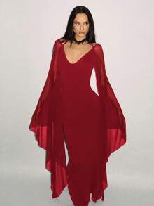 SHEIN ICON Fitted Mesh Exaggerated Batwing Sleeve Bodycon Dress Long Red Dress - Burgundy - View 3