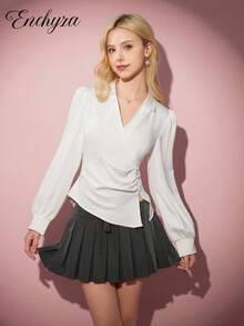 少女休闲优雅百搭白色长袖不对称领衬衫，春秋装 - 白色 - 查看 7