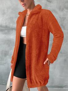 RueChic Solid Zip Up Teddy Jacket - Orange - View 4