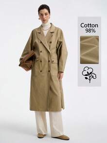 Aalyst Women's French Elegant Minimalist High-End Casual Vacation Commute Comfortable Solid Twill Fabric Stand Collar Double-Breasted Drop Shoulder With Pockets Side Slit Long Sleeve Utility Long Jacket, Spring/Autumn/Winter