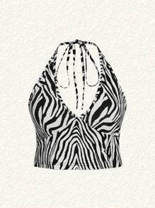 Muchica Top A Maglia Halter Da Donna Di Taglia Più Grande, Stretto A Motivo Zebrato - Multicolore - Visualizzare 3