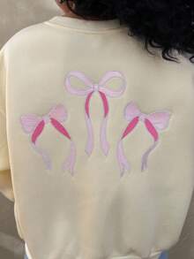 Coolane Kids Áo nỉ lót ấm thêu nơ trắng cỡ lớn cho bé gái, Thu/Đông, Thường ngày, Trắng, Họa tiết, Nơ tốt nghiệp, Trang phục trở lại trường, Tốt nghiệp, Trở lại trường - Màu be - Xem 2