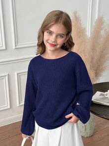 SHEIN Serisse Kids Tween Girls Solid Navy Color Asymmetrical Neckline Long Sleeve Sweater, Suitable For Autumn Winter, Back To School, Fall Winter Clothes, Winter Girls Clothes, Mommy And Me Matching Outfit, Chic Autumn Sweater,Mother Daughter Outfits Navy Sweater Navy Blue Girls Sweater Off The Shoulder Tops For Tweens Tween Off The Shoulder Top Girls Navy Sweater Girls Off The Shoulder Sweater Navy Blue Sweater Girls Blue Sweater Tween