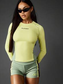 Missguided x Playboy Long Sleeve Crew Neck Tee Athletic Training Compression Top Performance Activewear Gym Workout Sport Fitness - Multicolor - View 5