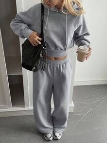 Livesso Women's Casual Hooded Top And Wide-Leg Pants 2 Pieces Set, Autumn Tracksuits Women Set - Grey - View 4
