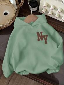 男童休闲简约纽约可爱卡通熊图案舒适厚针织长袖卫衣，秋冬季 - 薄荷綠 - 查看 2