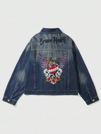 Goth Herren Herbst Buchstaben & Totenkopf Stickerei Einfachknopf Lässig Denim Jacke