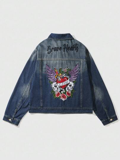 Goth Giacca di jeans casual monopetto da uomo con ricamo di lettere e teschio, adatta per l'autunno