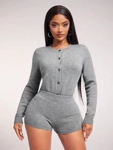 Radiana New Spring/Autumn European And American Sexy Tight Snap Button Long Sleeve Base Layer Top And Shorts 2-Piece Set For Women Two Pieces Set Women Comfy Women Knit Two Pieces Set Grey 2 Pieces Set Comfortable Two Pieces Set 2 Pieces Lounge Set Women,ملابس شتوية للنساء