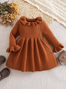 Emery Rose Kids Emery Rose Kids Babygirl 纯色针织长袖连衣裙，秋冬 - 鏽棕色 - 查看 6