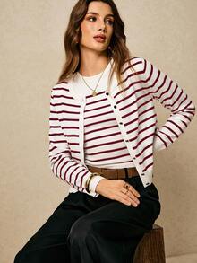 Poéselle 女士条纹印花圆领吊带背心和纽扣前长袖开衫套装秋冬 - 酒紅色 - 查看 7