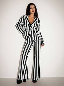 SHEIN ICON Women's Halloween Goth Style Black & White Striped Fitted Blazer Jacket And Flared Pants Suit, Autumn/Winter,Fall Tall Two Pieces Set Striped Two Pieces Set 2 Pieces Pant Sets Woman Black And White - Black and White - View 1