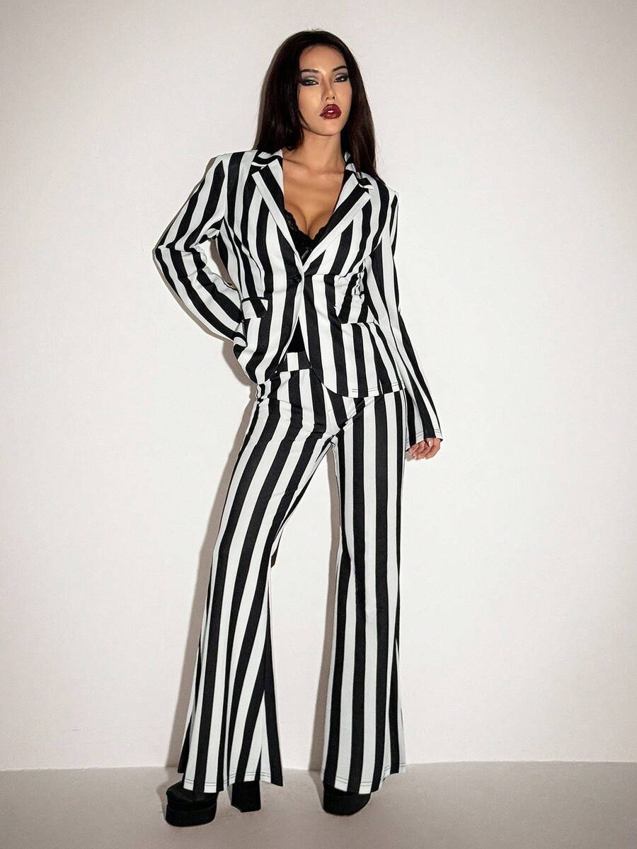 SHEIN ICON Women's Halloween Goth Style Black & White Striped Fitted Blazer Jacket And Flared Pants Suit, Autumn/Winter,Fall Tall Two Pieces Set Striped Two Pieces Set 2 Pieces Pant Sets Woman Black And White - Black and White - View 1