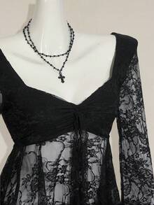 SHEIN ICON 女式甜心领喇叭袖蕾丝时尚上衣 - 黑色 - 查看 7