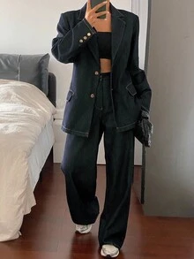 Livesso 女式翻领西装外套和宽松牛仔裤套装（秋冬） - 藍色 - 查看 1