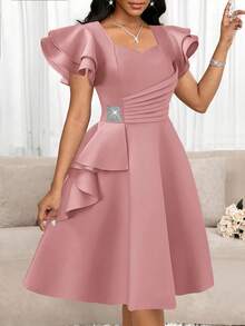 SHEIN Lady Women's Solid Color Sweetheart Neck Ruffle Sleeve Elegant Rhinestone Waist Dress - Pink - View 7