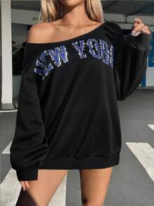 SHEIN CURVE+ 大码休闲秋冬字母印花卫衣 - 黑色 - 查看 3