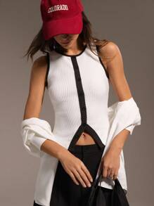 Hanevo Contrast Ribbed Women Crop Top, Ribbed Knit Body Fitted Tank With High Low Hem, Fashionable & Versatile - White - View 7