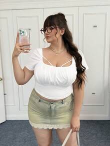 CovetEZ Plus Size Women's Solid Color Ruched Short Sleeve Cropped Casual T-Shirt - White - View 1