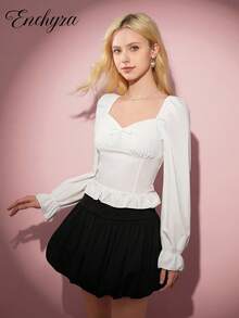 Teen Girl Casual Elegant Versatile White Long Sleeve Asymmetric Collar Blouse, Spring/Autumn - White - View 3